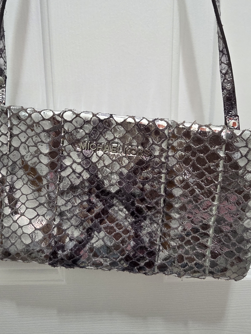 Michael Kors Metallic Silver Snake-Embossed Shoulder Bag